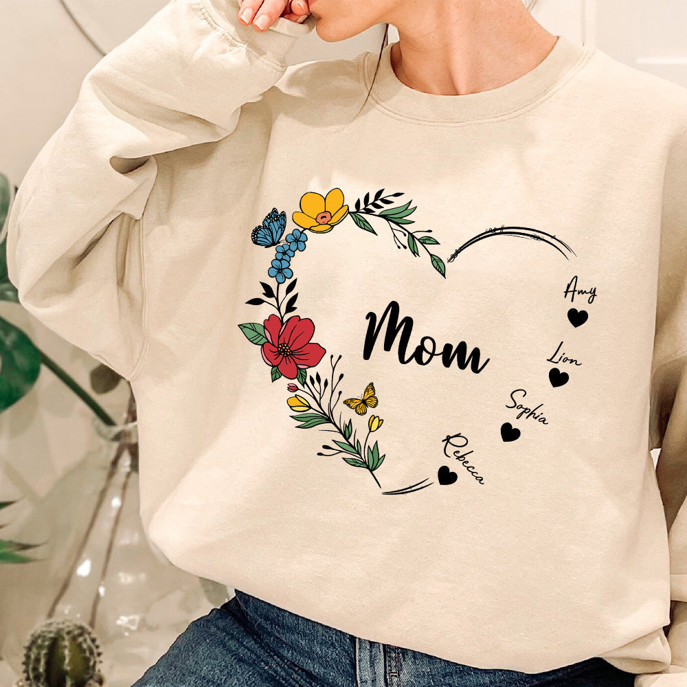 Mom's Flower Heart Customized Names Hoodie/Crewneck