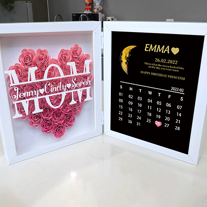 (Mamá y abuela con nombre) Calendario de aniversario con FASE LUNAR REAL Marco de flores personalizado 