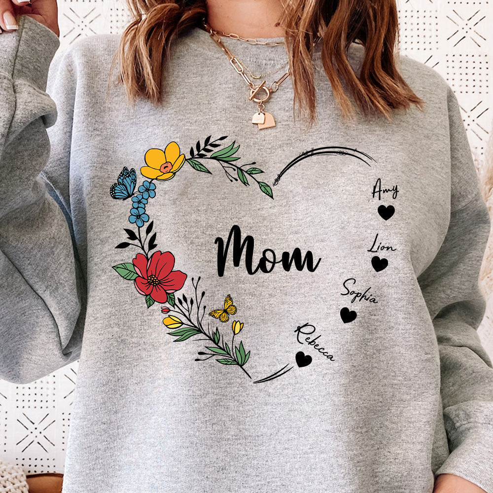 Mom's Flower Heart Customized Names Hoodie/Crewneck