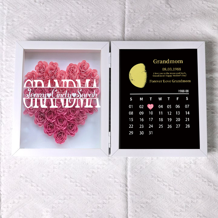 (Mamá y abuela con nombre) Calendario de aniversario con FASE LUNAR REAL Marco de flores personalizado 