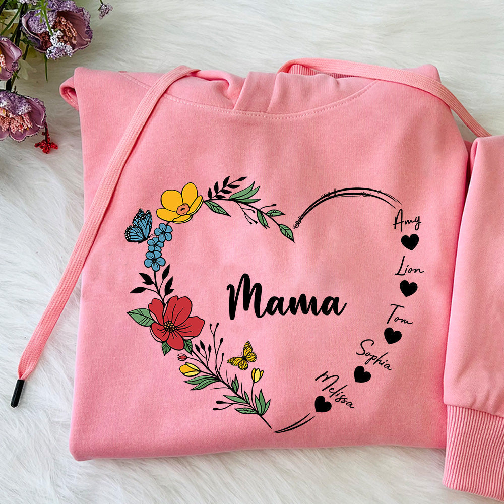 Sudadera con capucha y cuello redondo con nombre personalizado y corazón de flores de mamá 