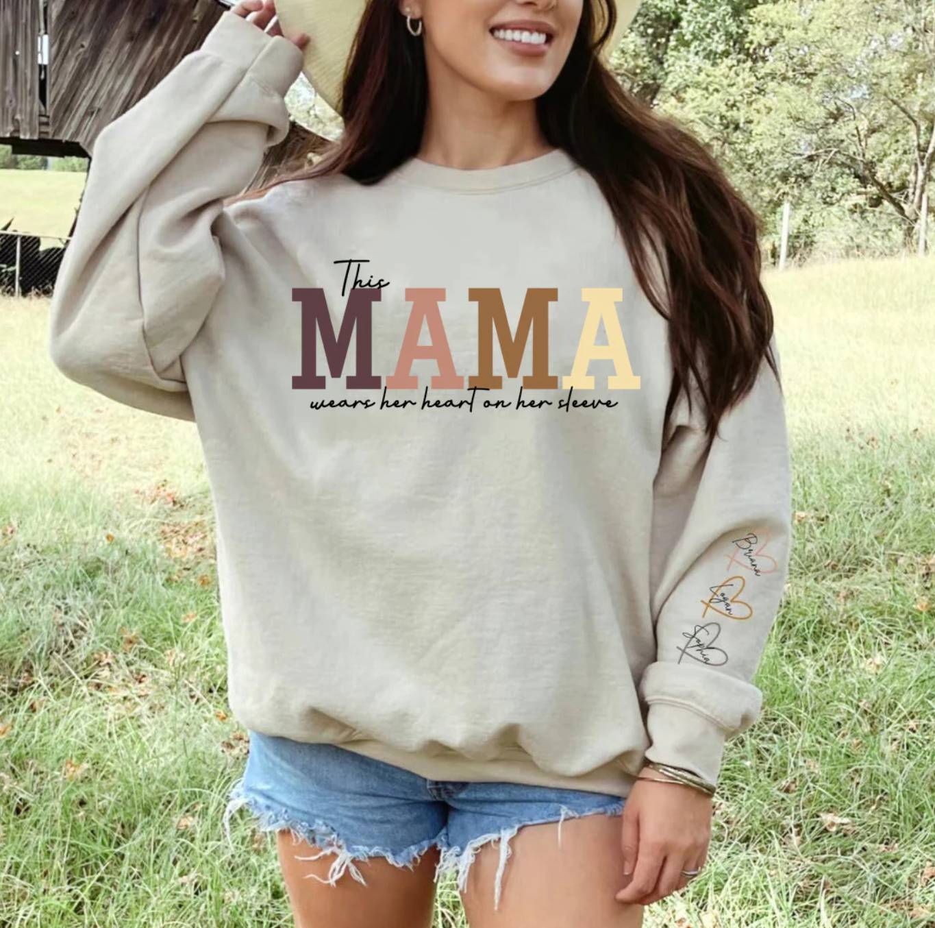 Camiseta/sudadera/sudadera con capucha con corazón en la manga para mamá y abuela 