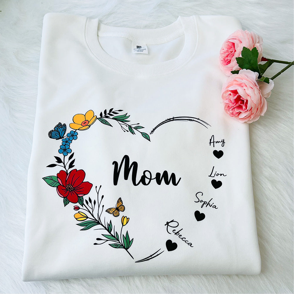 Sudadera con capucha y cuello redondo con nombre personalizado y corazón de flores de mamá 