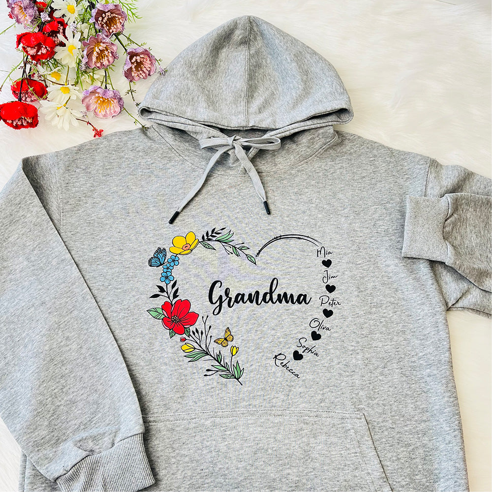 Sudadera con capucha y cuello redondo con nombre personalizado y corazón de flores de mamá 