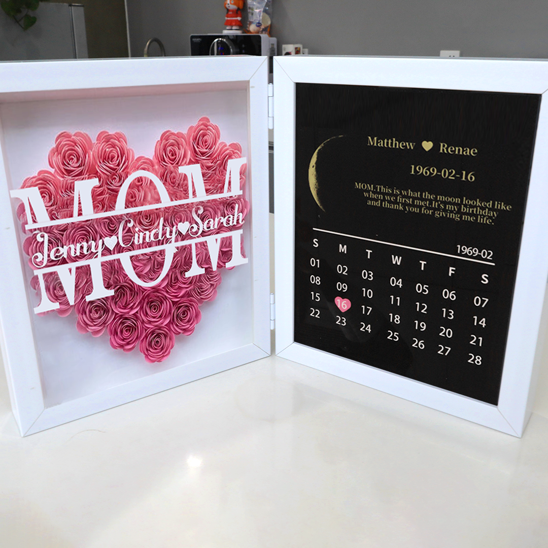 (Mom&Grandmom With Name) With REAL MOON PHASE Anniversary Calendar Custom flower frame