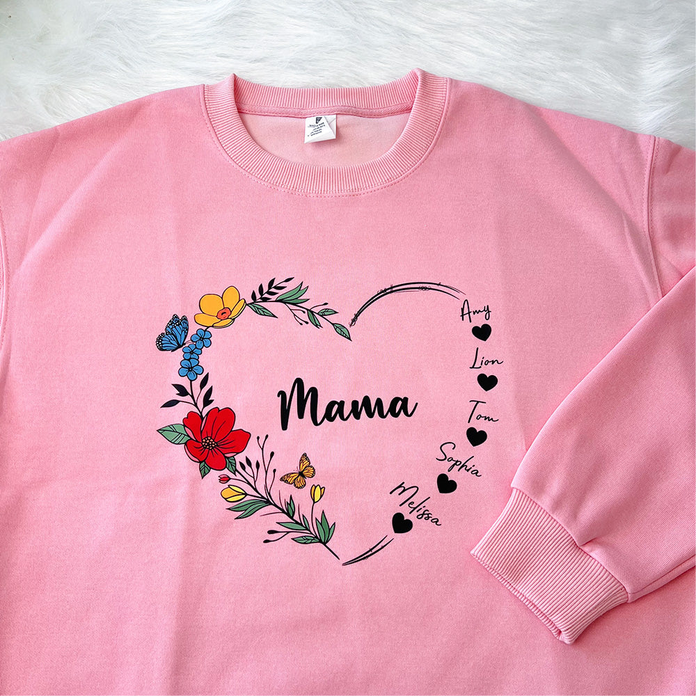 Sudadera con capucha y cuello redondo con nombre personalizado y corazón de flores de mamá 