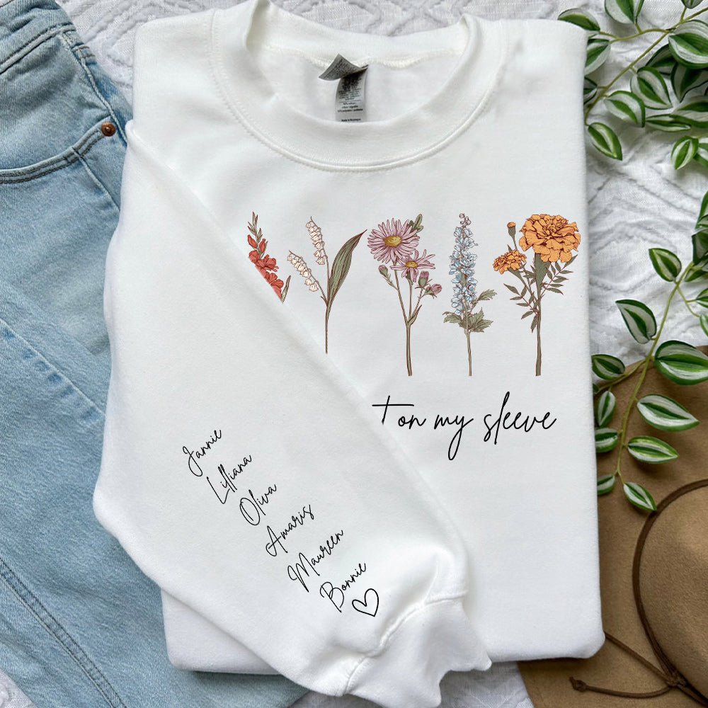 I Wear My Heart On My Sleeve Personalized Names BirthFlower Hoodie/Sweatshirt/T-shirt - MyLoveCustom(New)