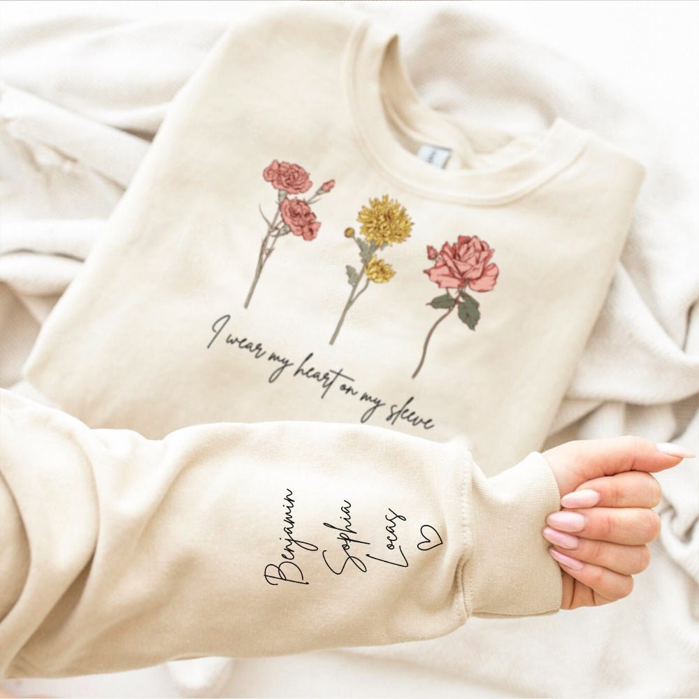 I Wear My Heart On My Sleeve Personalized Names BirthFlower Hoodie/Sweatshirt/T-shirt - MyLoveCustom(New)