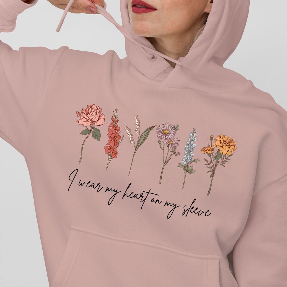 I Wear My Heart On My Sleeve Personalized Names BirthFlower Hoodie/Sweatshirt/T-shirt - MyLoveCustom(New)