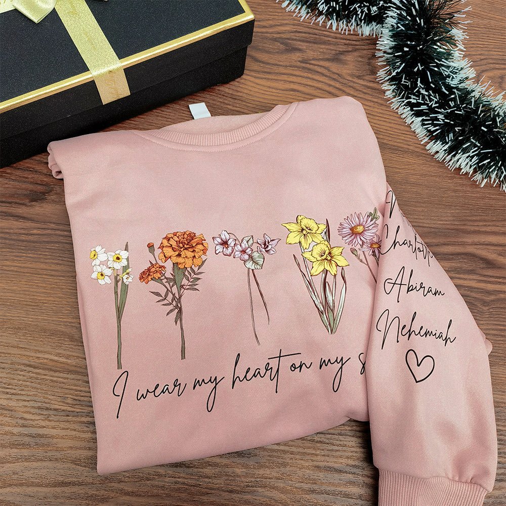 I Wear My Heart On My Sleeve Personalized Names BirthFlower Hoodie/Sweatshirt/T-shirt - MyLoveCustom(New)