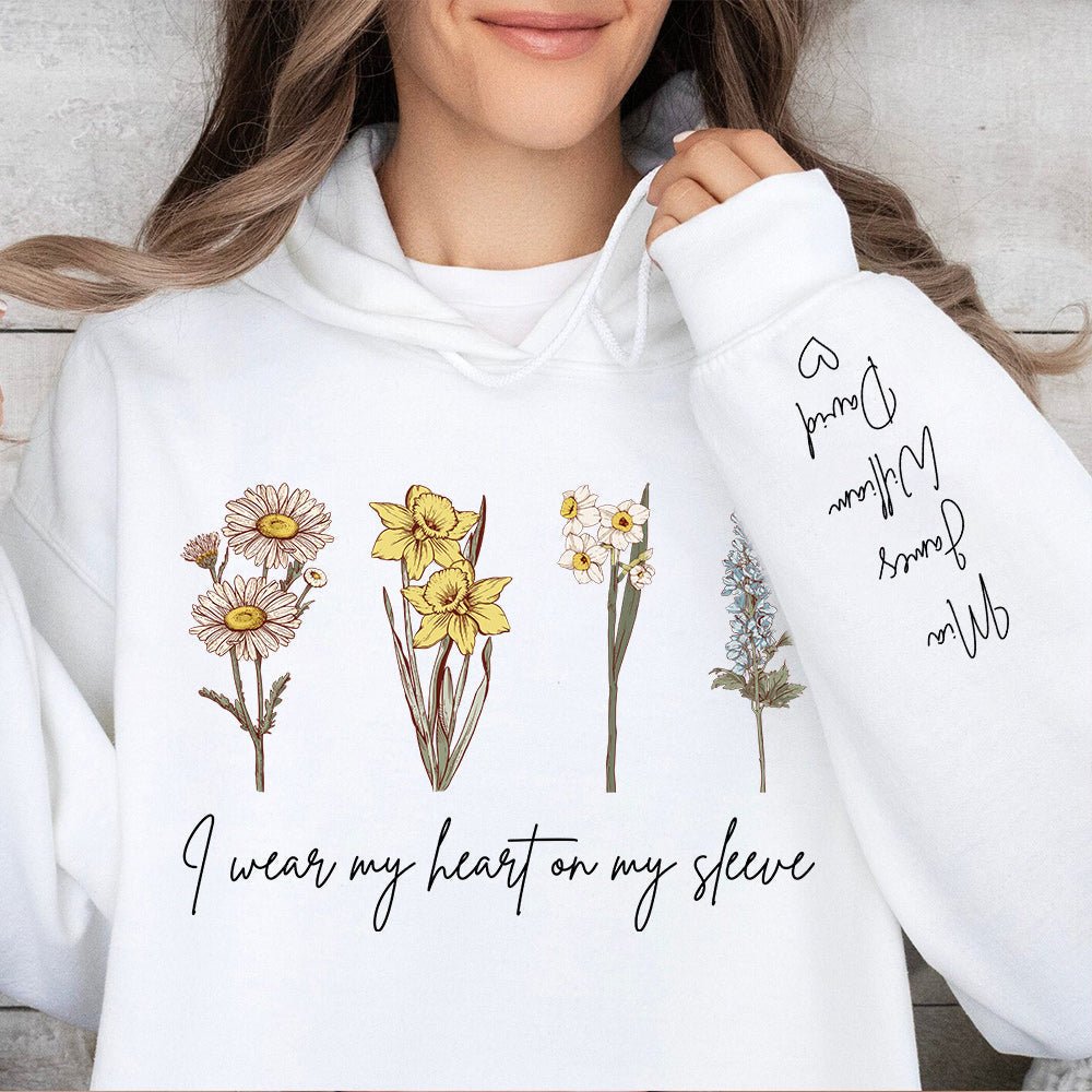 I Wear My Heart On My Sleeve Personalized Names BirthFlower Hoodie/Sweatshirt/T-shirt - MyLoveCustom(New)